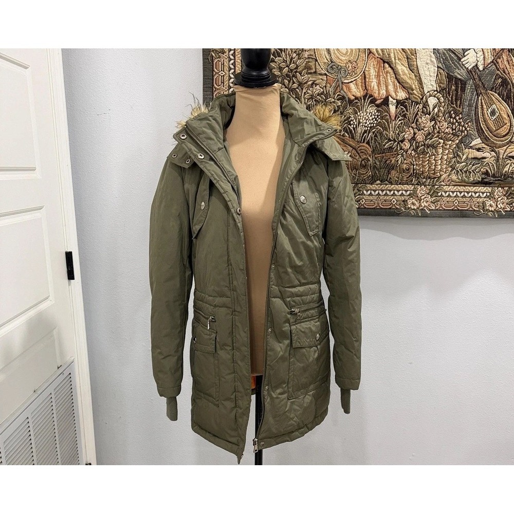 Sam Edelman Jacket Womens Small Green Hooded Parka Coat Faux Fur Trim Puffer - Picture 9 of 14